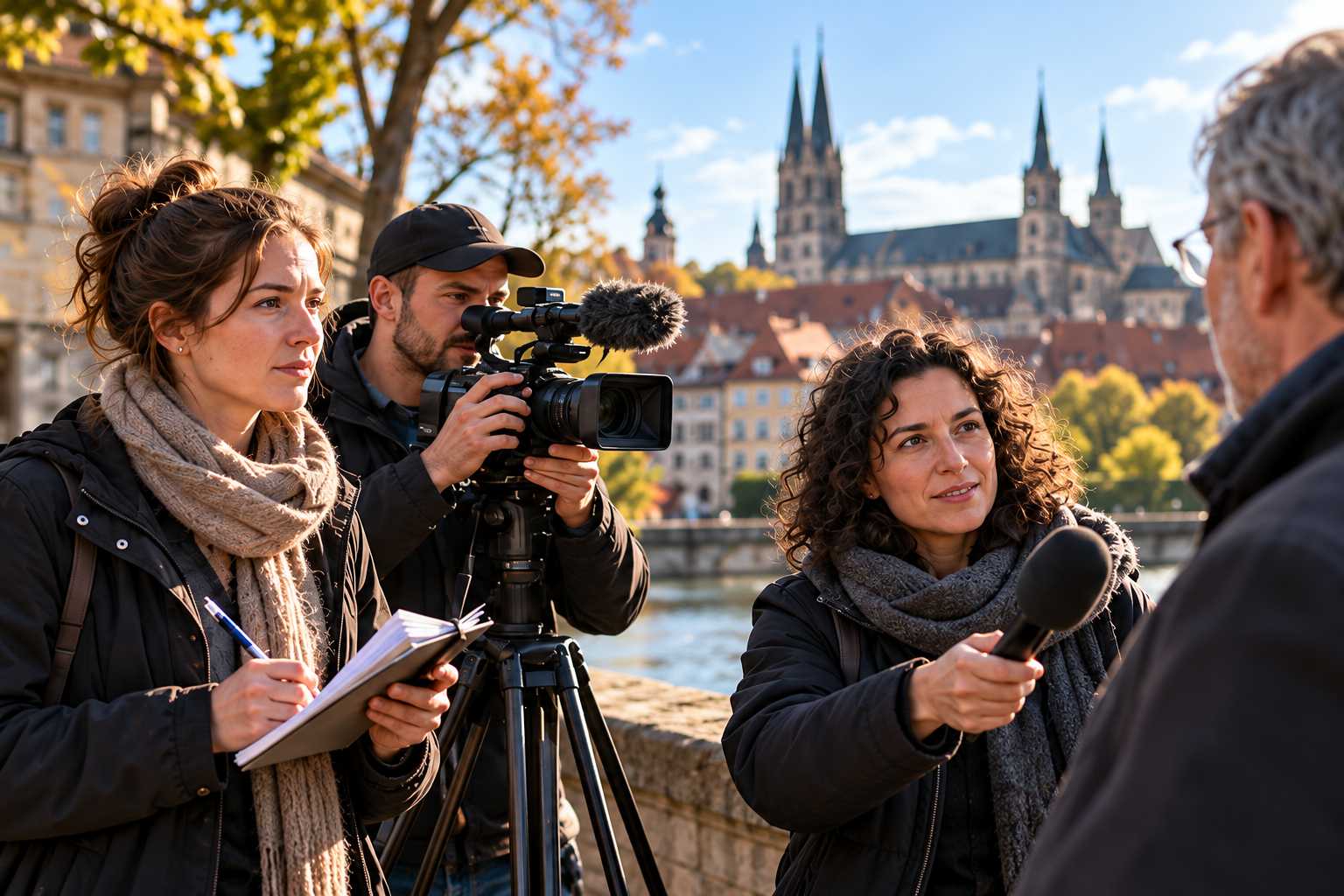 Symbolmotiv: Journalisten mit Kamera und Notizbuch bei einem Interview